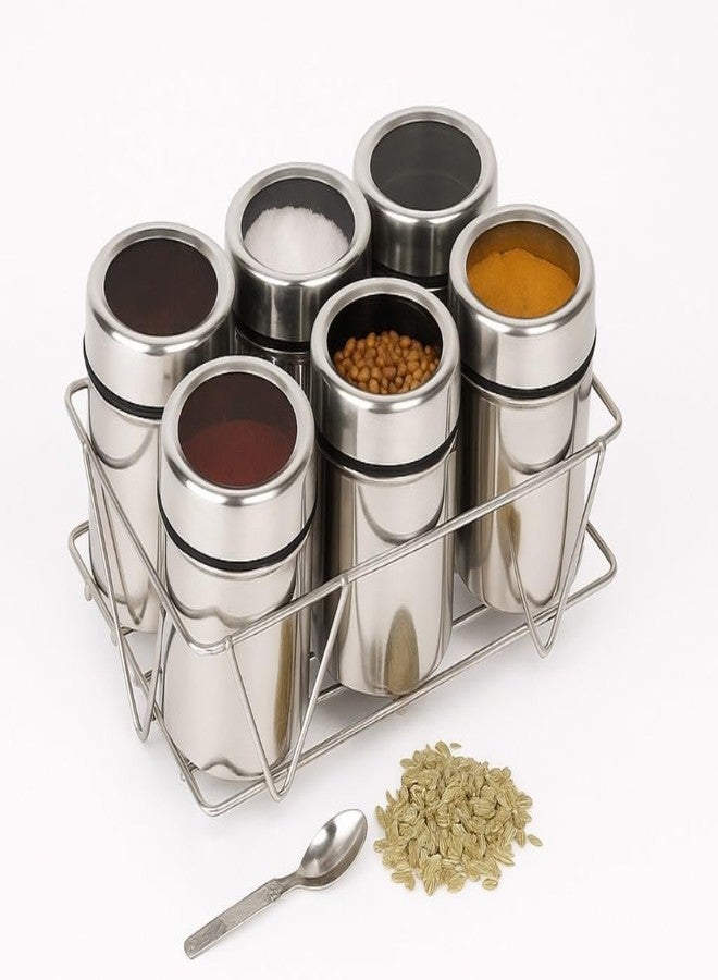 VISAXMI 6 in 1 Masala Box Stainless Steel | Masala Box for Kitchen | Spice Box | Masala Dabba Steel | Spice Container Steel | Masala Dani for Kitchen | See through lid 6 containers, 6 Spoons. - Image 1